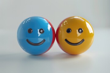 Fototapeta premium A pair of colorful mood balls with painted smiley faces. One is blue and the other is red, providing two different expressions of happiness.