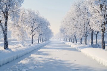 Obraz premium A serene winter landscape with snow-covered trees lining a frozen canal.