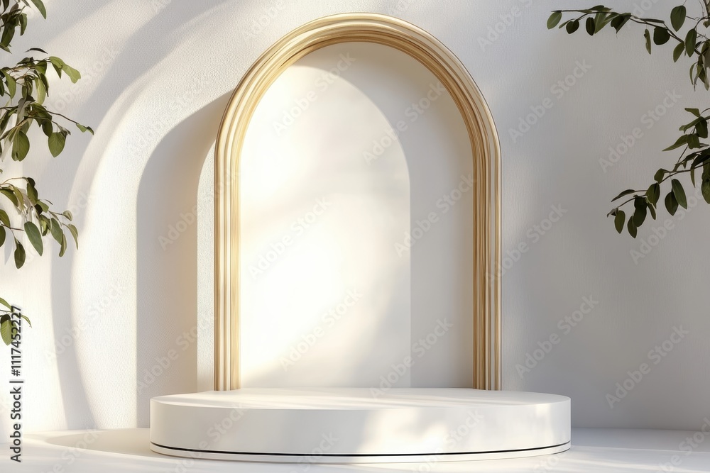Poster minimalist arch display with a circular platform and soft shadows.