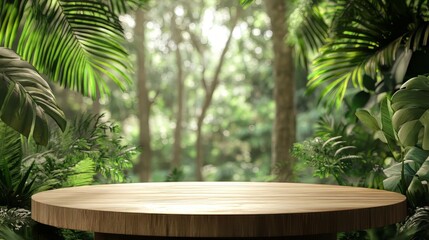 Fototapeta premium Wood podium table top outdoors blur green monstera tropical forest plant nature backgroundbeauty cosmetic healthy natural product placement pedestal displayspring or summer jungle para 