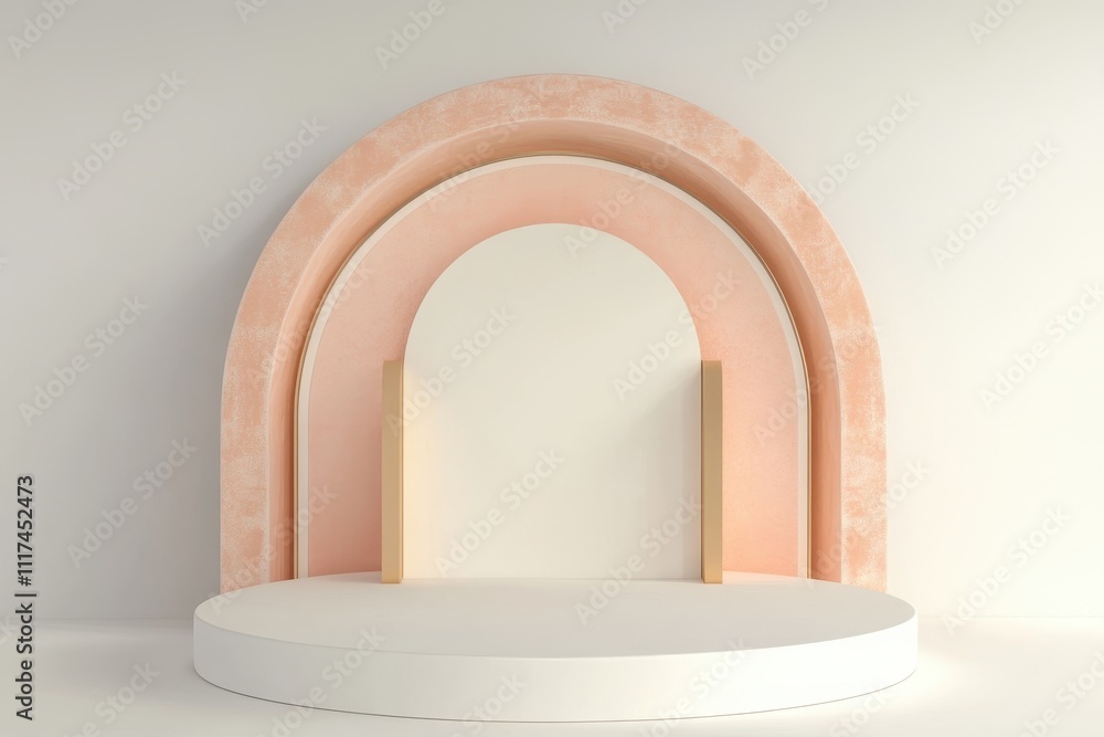Poster a minimalist stage design with arch elements and a circular platform for presentations.