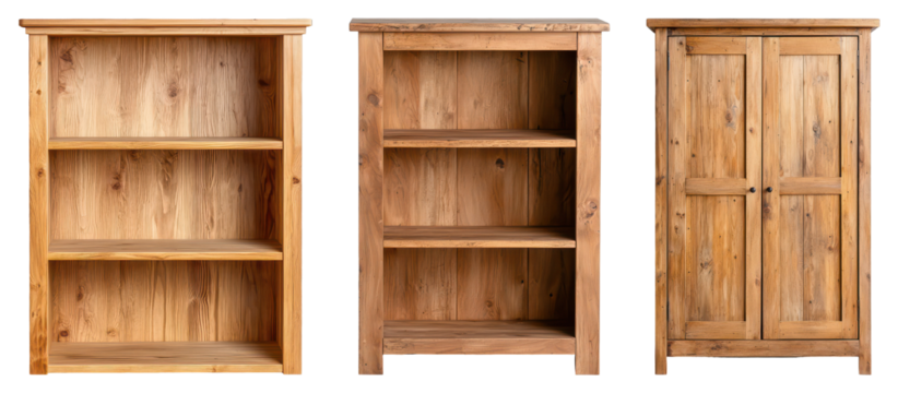 Three wooden shelving units featuring open and enclosed storage options with natural wood textures and finishes.
