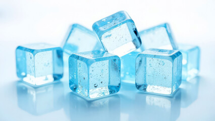 Clear blue ice cubes with bubbles on a reflective surface