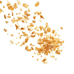 golden breakfast cereal flakes flying in motion isolated on transparent background cutout cutout, food advertising