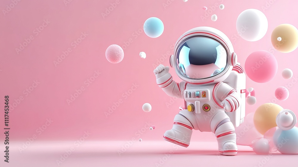 Poster colorful 3d astronaut model in empty playful scene with bubbles