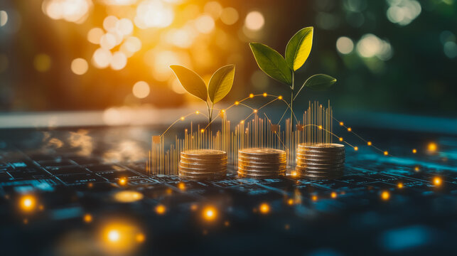Abstract business Financial charts show a significant increase in profits in the stock market.This is driven by higher interest rates and continued growth. In the innovation world network of financial
