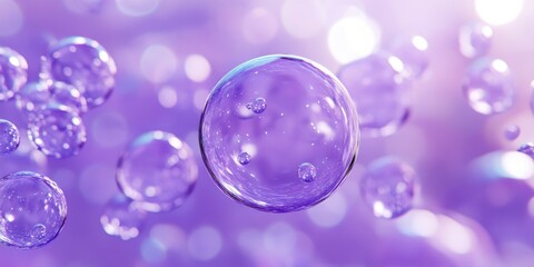 A close up of delicate purple soap bubbles floating on water. The light effects create a sparkling and glistening appearance.