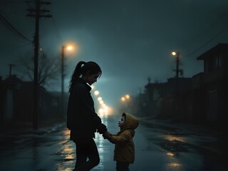 Rainy Night Companion - Mother and Child, Warm Rainy Night