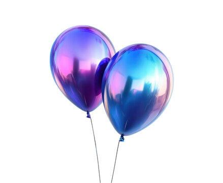 two blue purple holographic balloons iridescent 3d render icon isolated on transparent or white background, cutout
