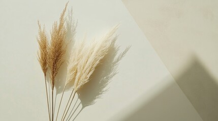 Decorative arrangement of dried grasses and sticks in sunlight, highlighting the natural textures and colors.