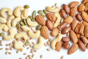close-up of assorted nuts and seeds scattered on light background symbolizing protein-rich options for veganuary