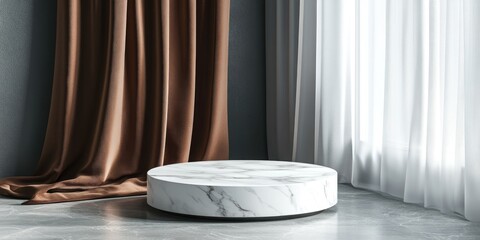 Curved white table in front of curtains, interior design concept.