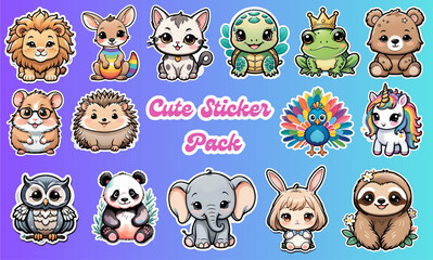 Cute kawai style sticker pack, animal cartoon sticker set.