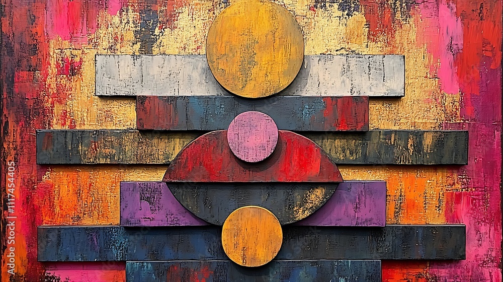 Poster abstract geometric art with layered circles and rectangles in warm tones.