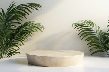 A minimalist display platform surrounded by lush green plants against a soft background.