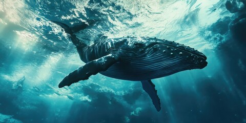 A dolphin swimming in deep ocean water, surrounded by bubbles.