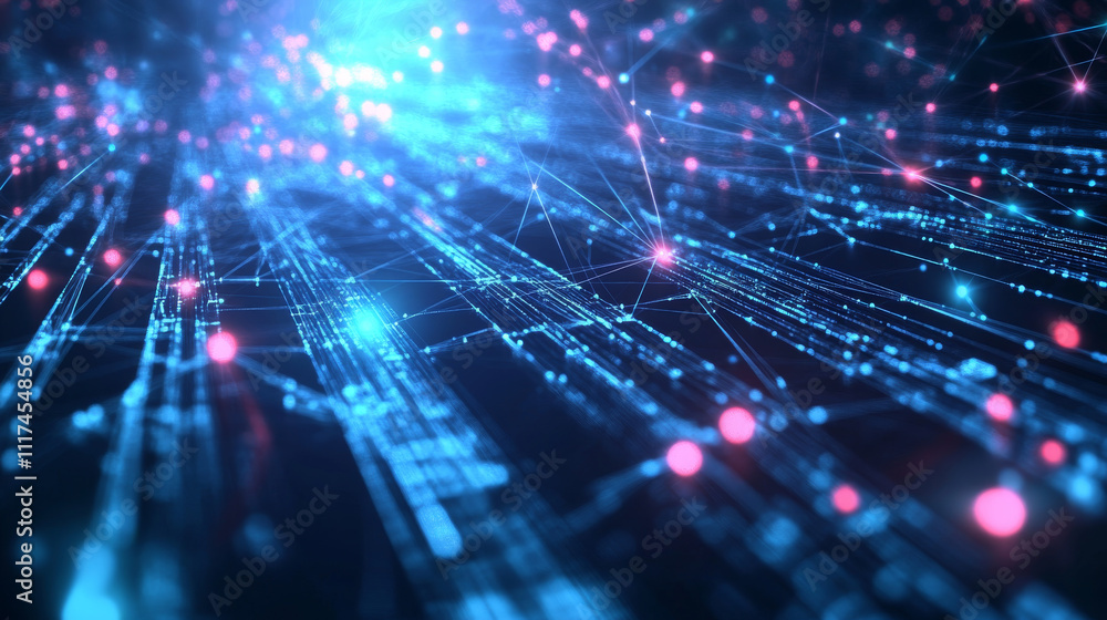Poster businessman hands holding cube technology with abstract blue background. blockchain network system. 