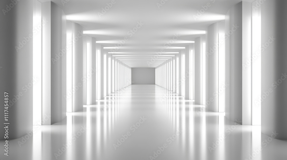 Poster a dark corridor lit by white neon lights. reflections on the floor and walls. empty background in th