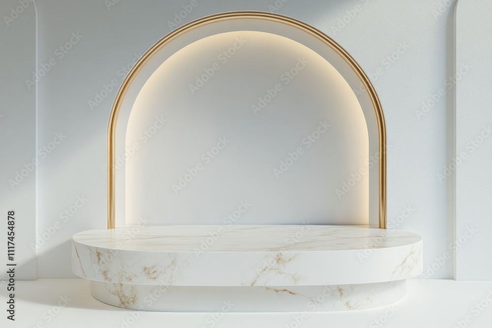 Poster a minimalist display shelf with an elegant arch and soft lighting, perfect for showcasing products.