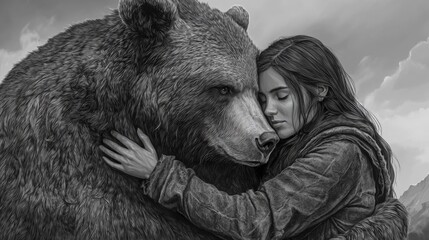 Girl and bear hugging, with mountains in background.