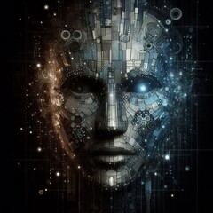 42 Cyberpunk Face A digital mechanical face with a textured synt