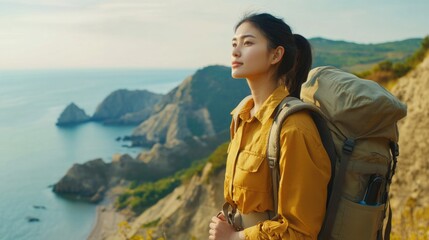 Asian woman in yellow hiking gear on top of a mountain, looking out over vast landscape with backpack.