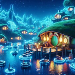 77 Holographic Hobbit Village on Water A whimsical holographic d