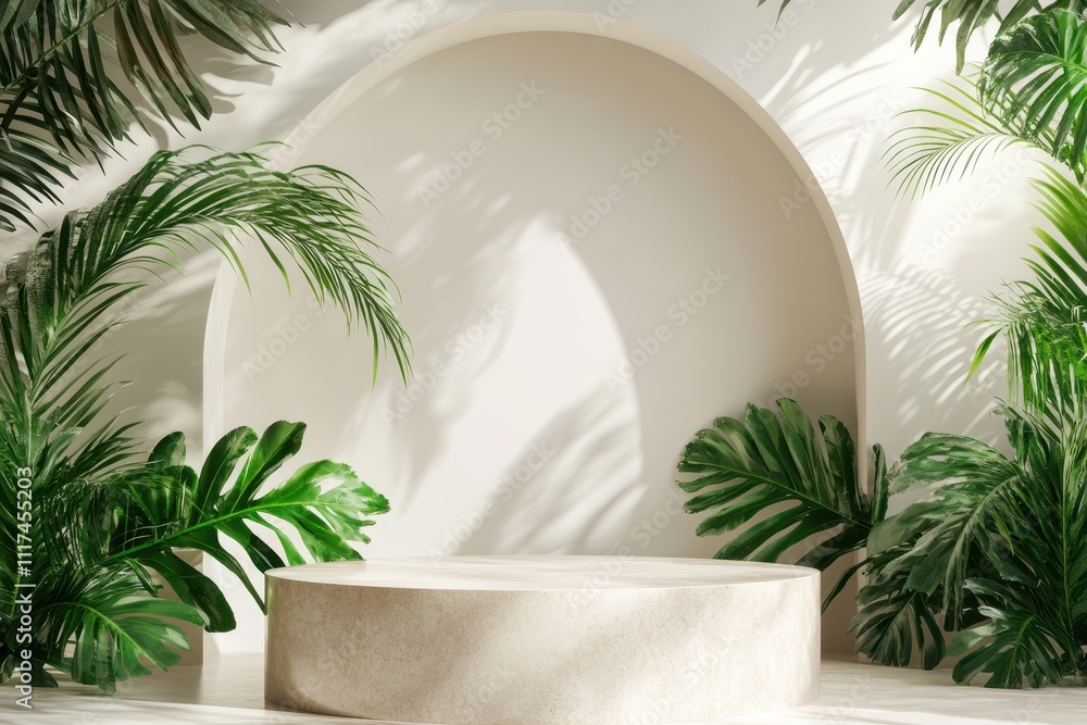 Poster a minimalist display space with a circular platform and lush greenery for presentations.