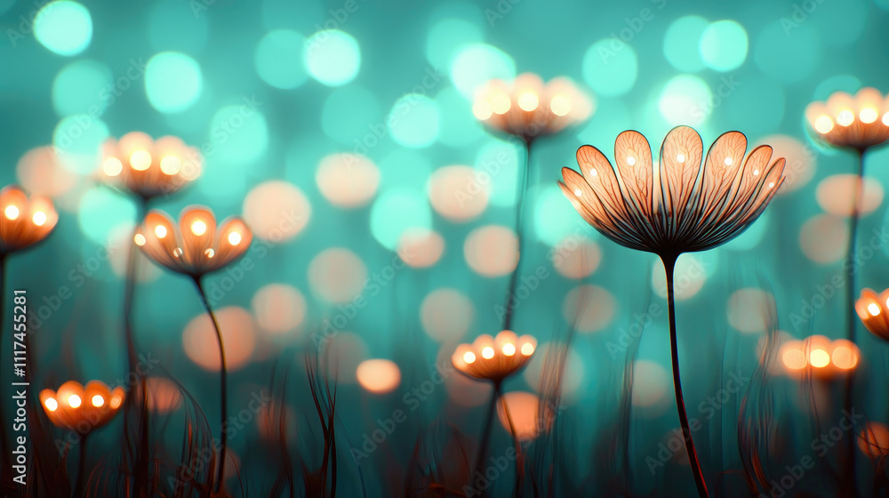 Poster beautiful glowing flowers against a soft bokeh background, creating a serene atmosphere.