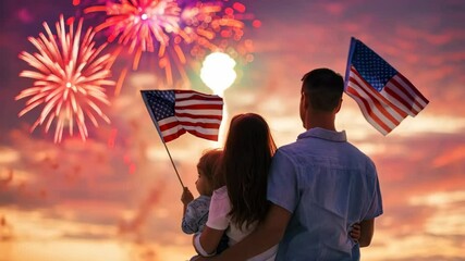 4th of July celebration, back view of happy family holding amercian flags and looking on fireworks in sunset sky - Powered by Adobe