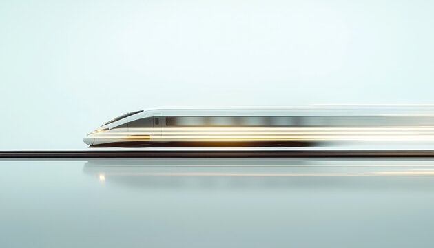 A minimalist depiction of a high-speed train in motion, light streaks against a pure white background, conveying speed and sophistication - Powered by Adobe