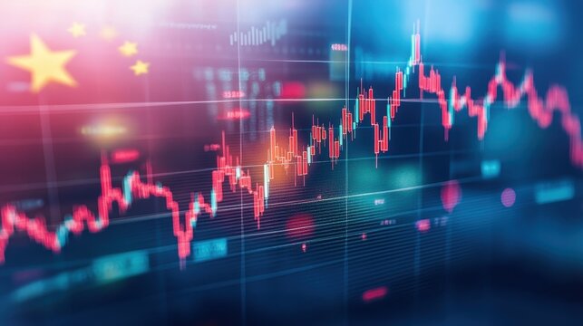 Financial market data display with stock trading charts and Chinese flag in the background.
