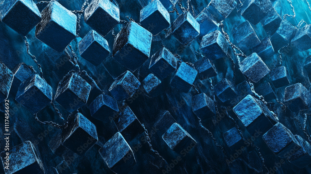 Poster glowing cubic wireframes linking one after another floating in mid air on blue misty background. 3d 