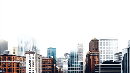 A vibrant city skyline with diverse architecture under a bright white sky, highlighting modern skyscrapers and historic buildings in an urban setting.
