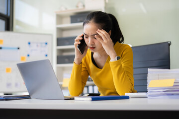 Businesswoman talking on the phone arguing laptop computer problems highlighting customer...