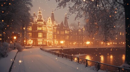 Obraz premium Snowy Winter Night in a European City