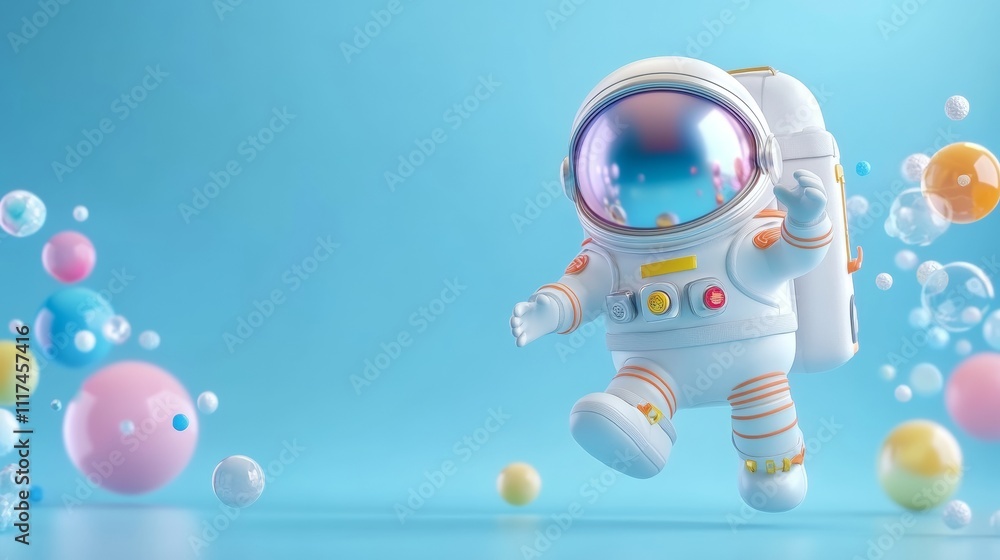 Poster colorful 3d astronaut model against empty backdrop with bubbles