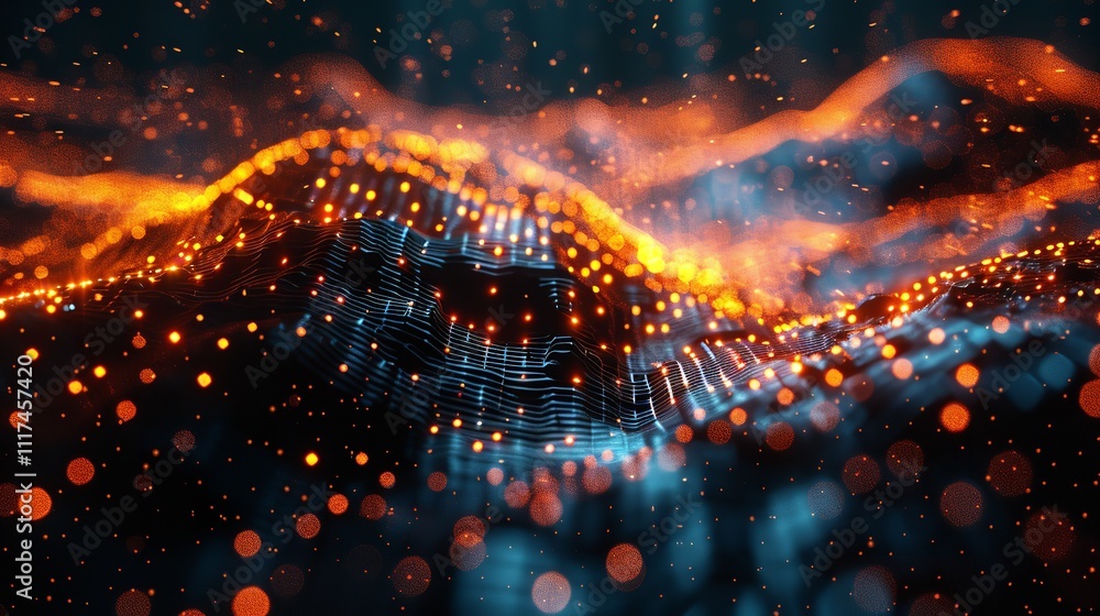 Poster abstract high tech digital technology background made of particles and metallic plates.