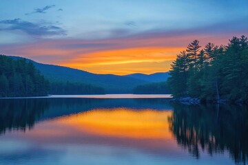 Obraz premium Serene sunset over a calm lake surrounded by mountains and trees.