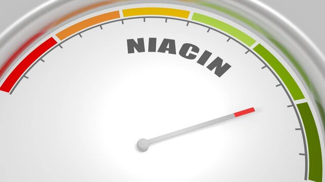Vitamin B3 niacin level on measure scale. Instrument scale with arrow. Food supplement, chemistry science and medicine. Vitamin B3 essential for various metabolic processes in the body