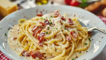 Creamy pasta dish topped with bacon and cheese, served in a bowl.