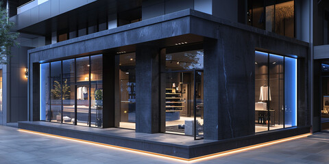 Obraz premium Chic boutique with a modern black and grey facade, enhanced by gentle indigo lighting. The design creates a seamless dusk effect in the urban setting