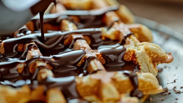 close up of belgian waffle with chocolate cream