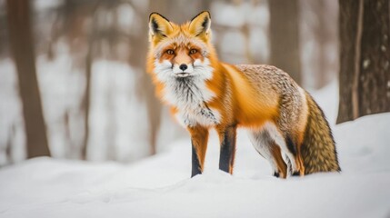 Fototapeta premium A red fox standing in a snowy forest landscape.