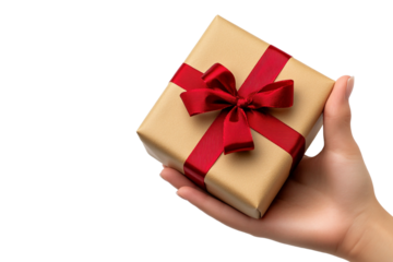 A hand is shown holding a gift box against a transparent background