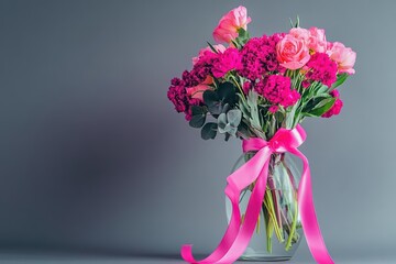Fototapeta premium A vibrant bouquet of pink flowers in a glass vase with a ribbon.