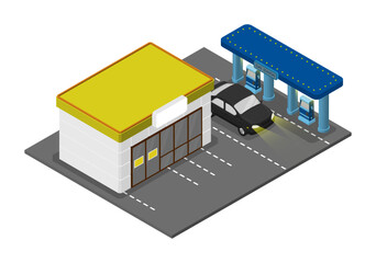 Gas station platform with maintenance service. Passenger car refueling at gas station. Use of minerals as fuel. Isometric 3d vector isolated on white background