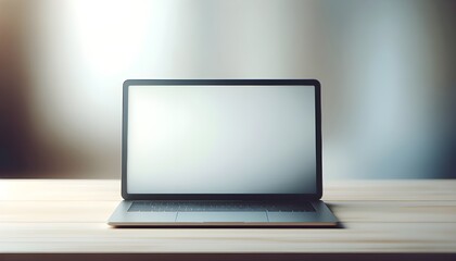 Fototapeta premium Silver Laptop with Blank Screen on Wooden Table Against Gradient Background