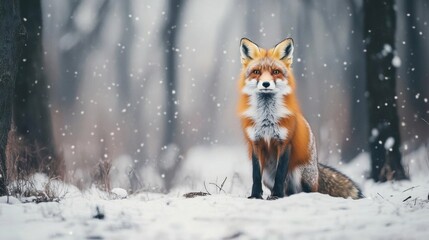 Fototapeta premium A majestic fox sits in a snowy forest, surrounded by falling snowflakes.