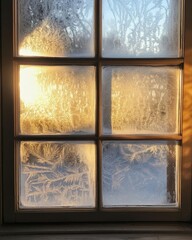 Frosted windowpane with sunlight creating a serene winter scene.